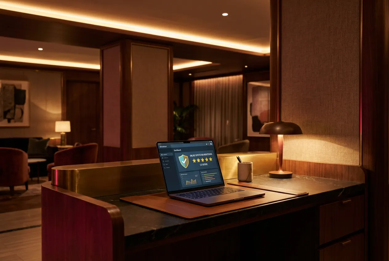 Hotel front desk workspace with a laptop displaying an online reputation monitoring dashboard and review ratings